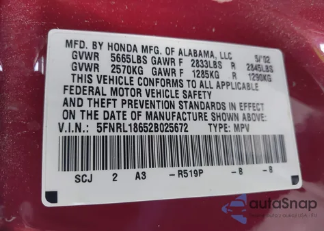 2002 Honda Odyssey Ex from USA, damaged, VIN 5FNRL18652B025672